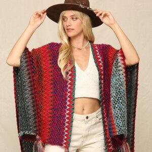 New Bohemian Knit Tasseled Poncho Cardigan Sweater Hippie Top Vintage NWT